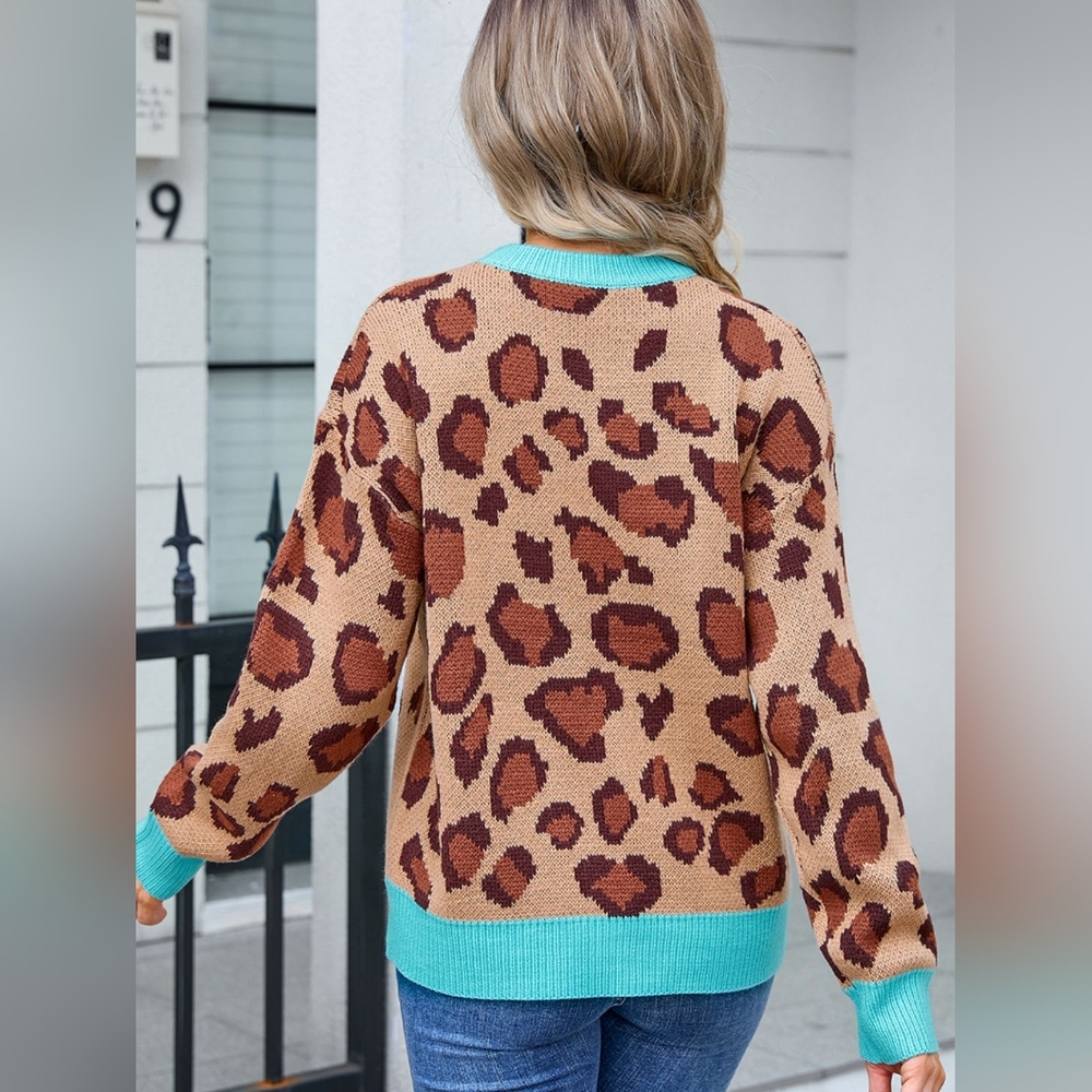 Angel Wings Leopard Round Neck Long Sleeve Sweater - Picture 3 of 6